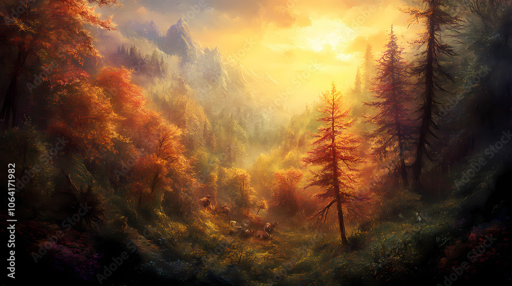 Enchanted bieszczady mountains, with glowing trees, mystical creatures, and a magical sunrise illuminating the forest. Mystical. Illustration Enchanted bieszczady mountains, with glowing trees, mystical creatures, and a magical sunrise illuminating the forest. Mystical. Illustration