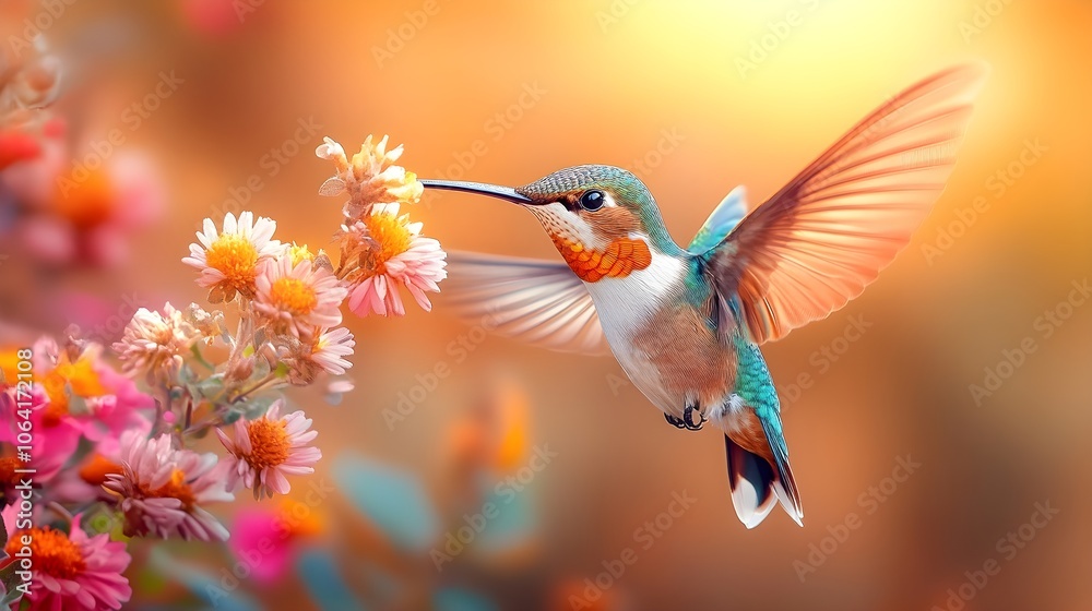 Fototapeta premium Flying hummingbird in a blooming garden