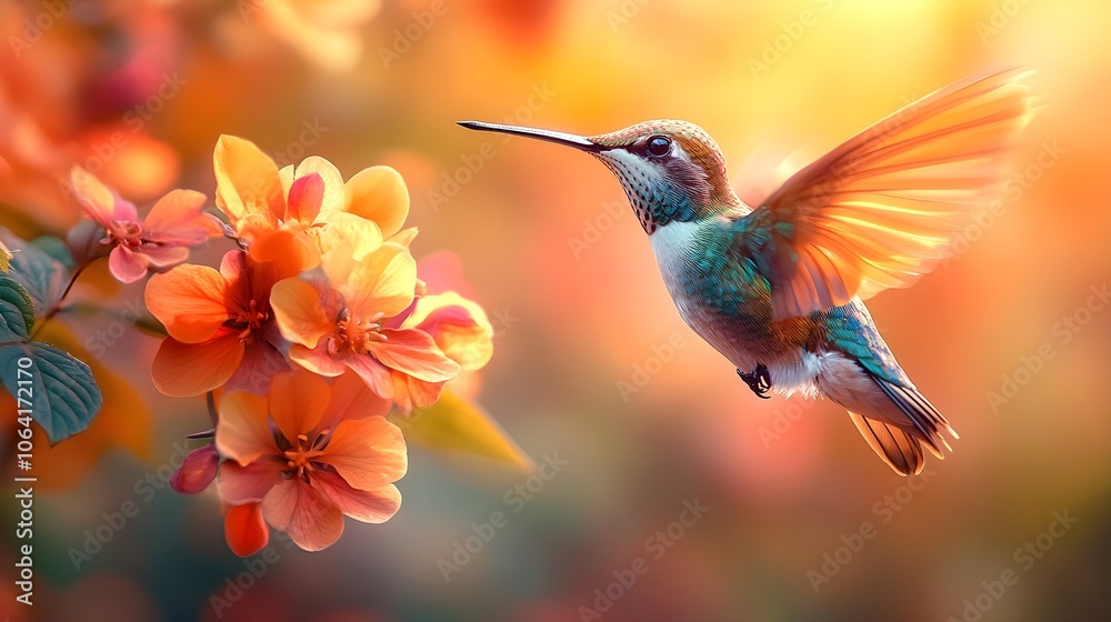 Fototapeta premium Flying hummingbird in a blooming garden