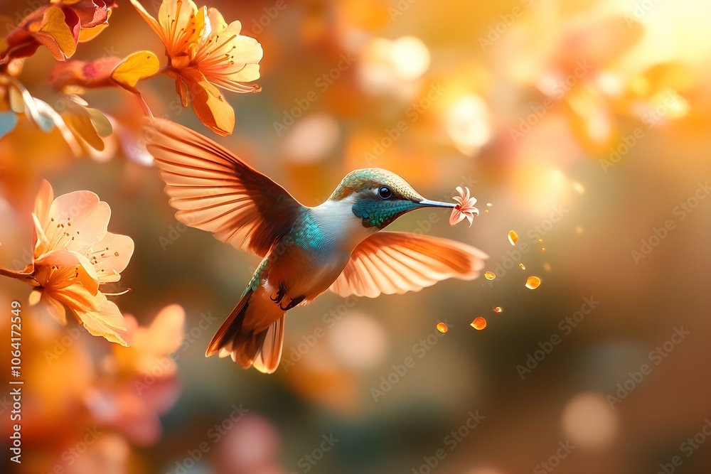 Flying hummingbird in a blooming garden Flying hummingbird in a blooming garden