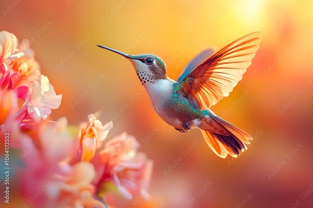 Flying hummingbird in a blooming garden Flying hummingbird in a blooming garden