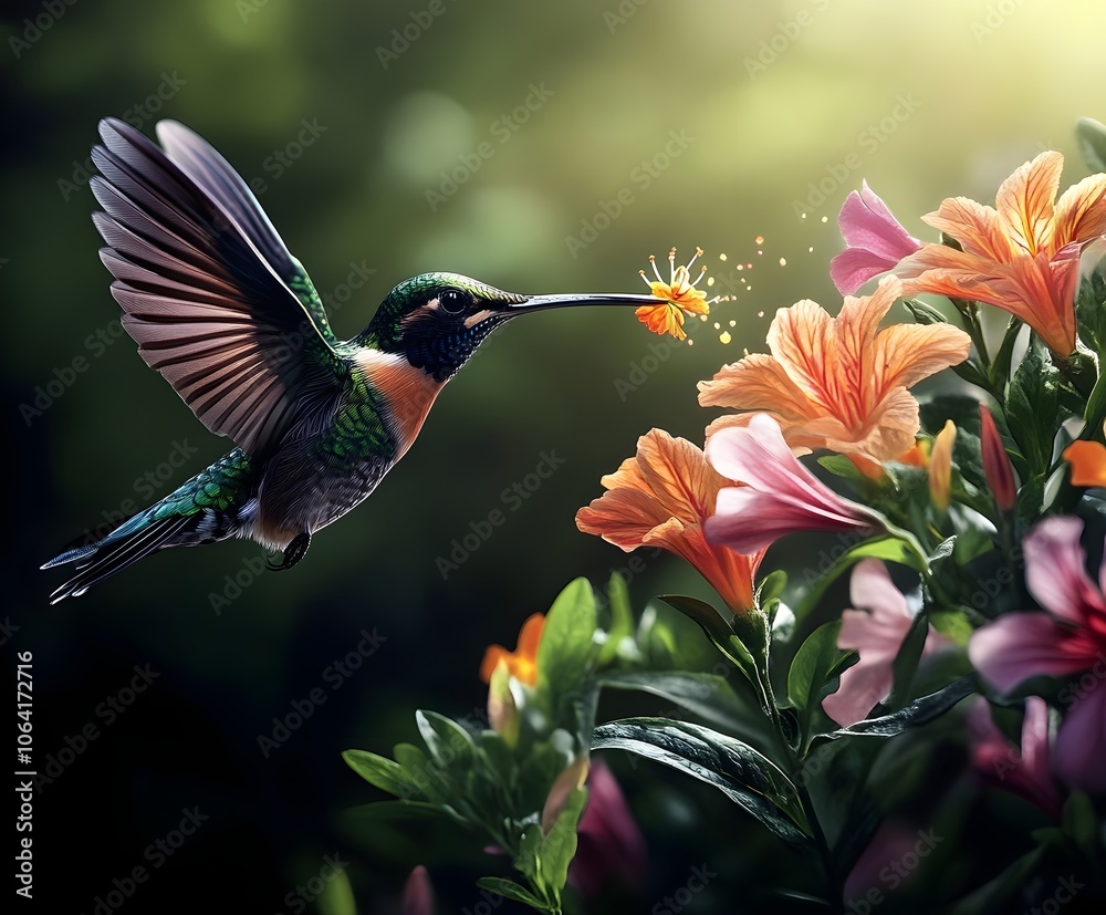 Naklejka premium Flying hummingbird in a blooming garden