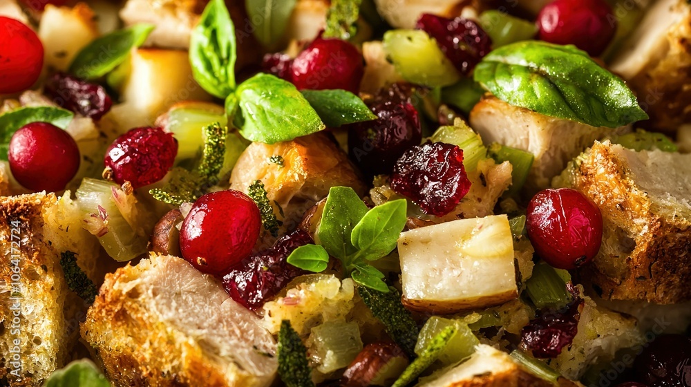   A close-up image of a salad with cranberries, broccoli, and cranberries is displayed