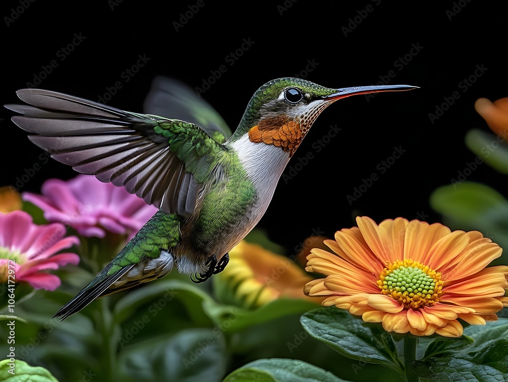 Fototapeta premium Flying hummingbird in a blooming garden