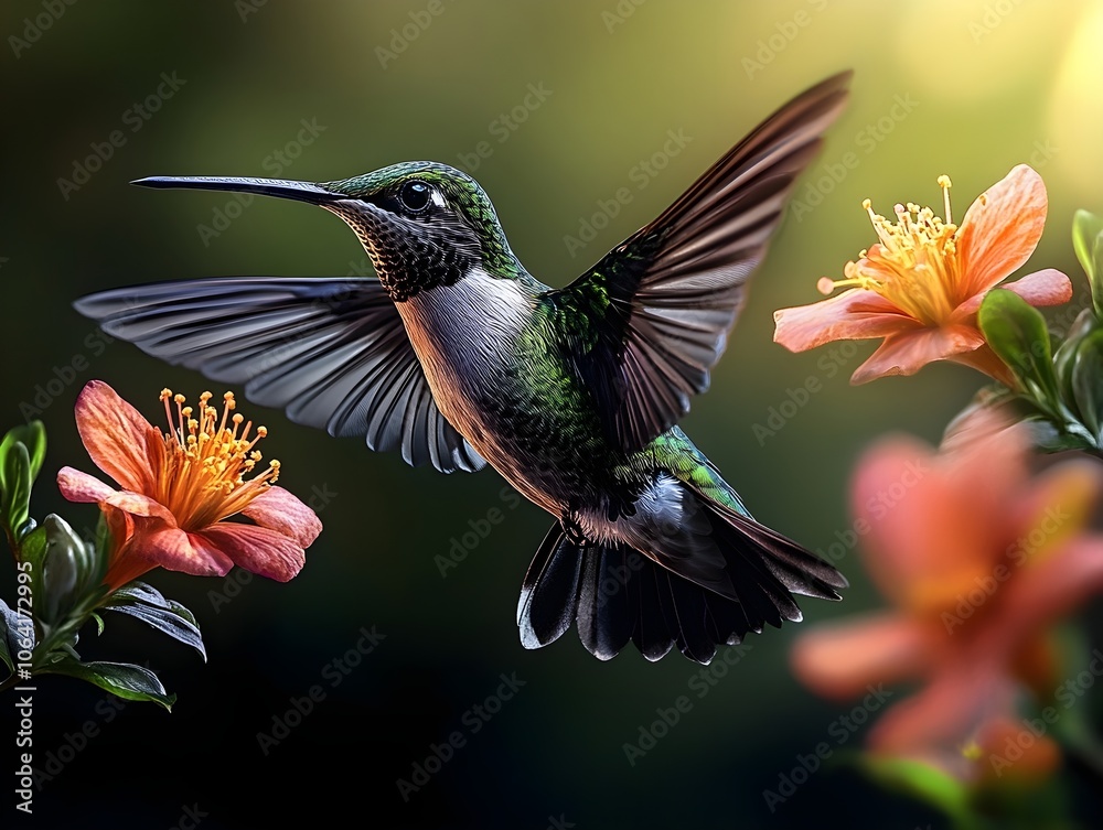 Fototapeta premium Flying hummingbird in a blooming garden