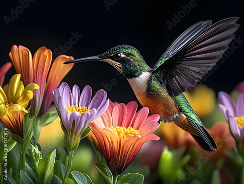 Flying hummingbird in a blooming garden photo