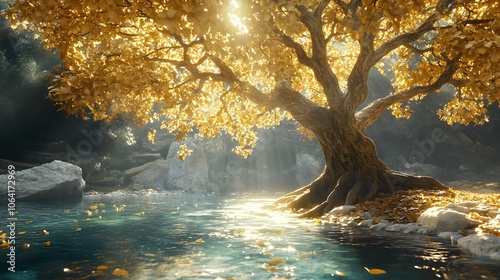 A massive tree with roots extending into a mirrored lake, surreal branches growing into the shape of hands reaching towards the sky, autumn colors