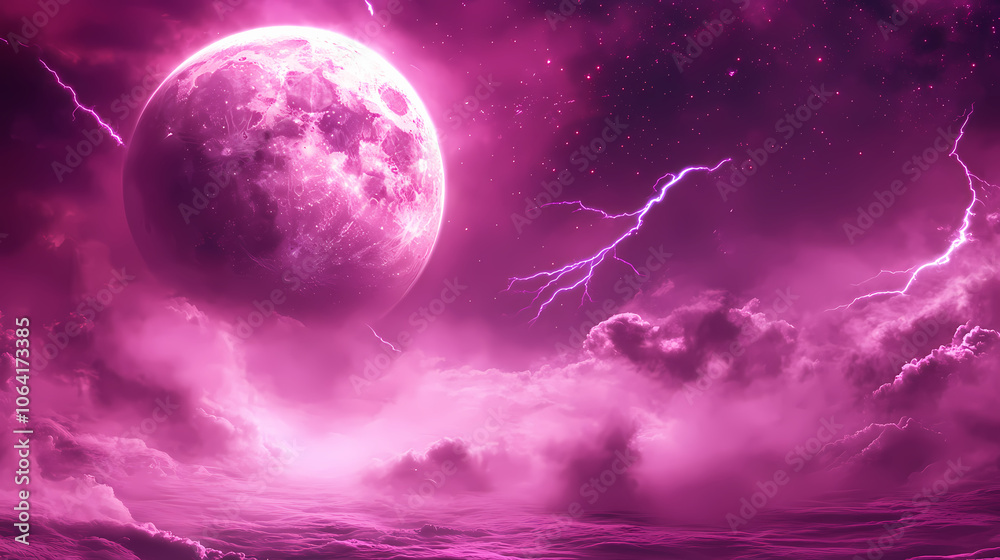 Fantastical pink and purple celestial landscape with glowing moon and lightning. Mystical. Illustration Fantastical pink and purple celestial landscape with glowing moon and lightning. Mystical. Illustration