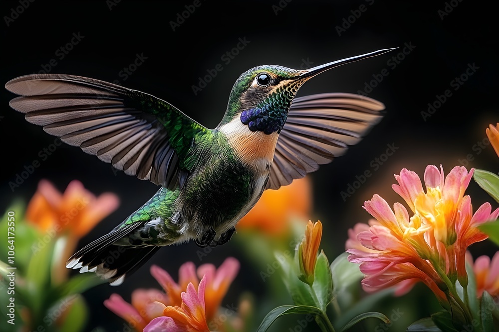 Obraz premium Flying hummingbird in a blooming garden