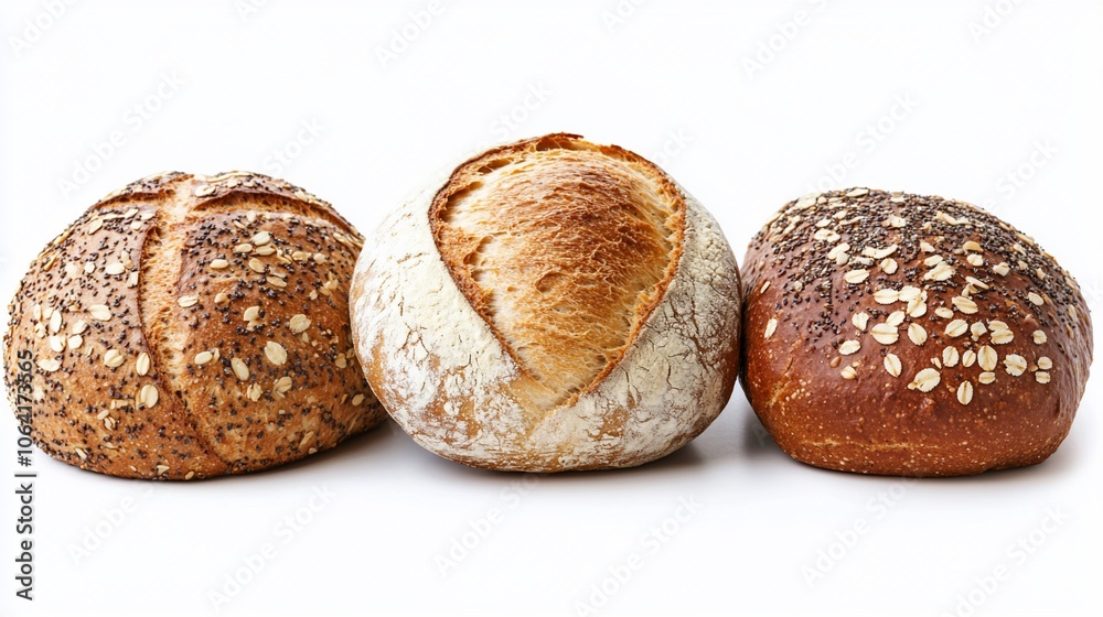Three freshly baked artisan bread rolls, one with a crusty exterior and a soft interior, one with a thick layer of oats and seeds, and one with a simple crust. Three freshly baked artisan bread rolls, one with a crusty exterior and a soft interior, one with a thick layer of oats and seeds, and one with a simple crust.