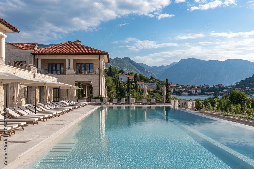Fototapeta premium Luxurious Villa With an Inviting Pool Overlooking a Scenic Landscape at Sunset in a Coastal Town