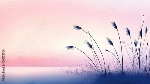  A stunning watercolor depicting lush green blades of grass swaying in the foreground against a serene expanse of water The soft hues of pink and blue in the