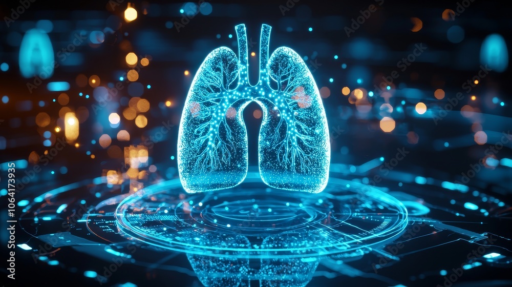 Obraz premium Blue-toned hologram of lungs, intricate digital x-ray display with pixel glow effects, surrounded by 3D icons, digital clarity focus