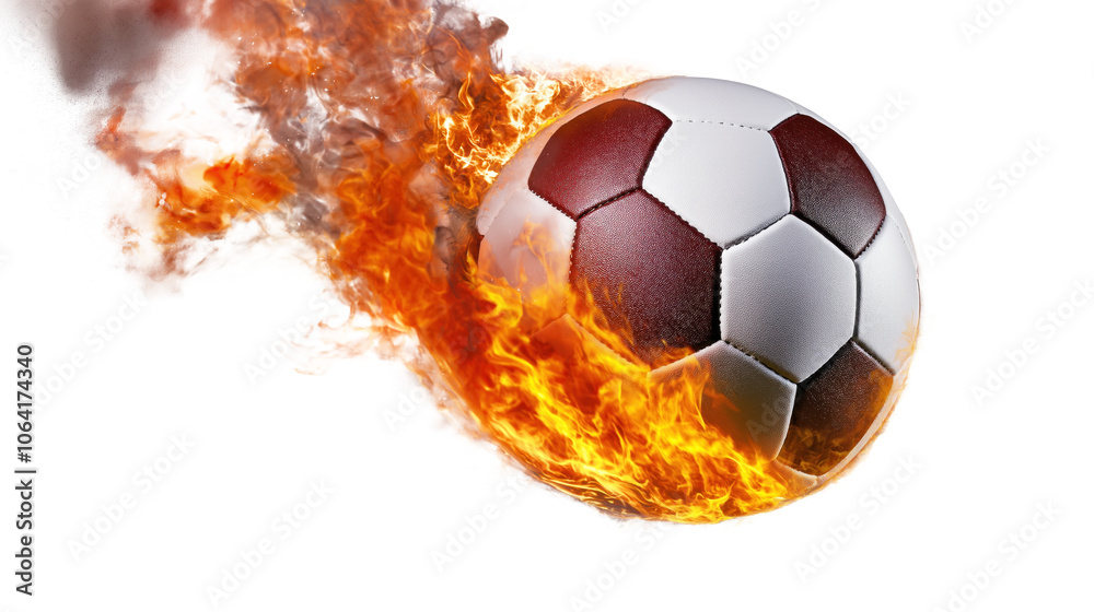 Fototapeta premium Soccer ball flying through air with intense fire flame burning. Red, orange, white colors. Isolated on isolated background. Sport equipment, football, game, play, competition, champion, championship,
