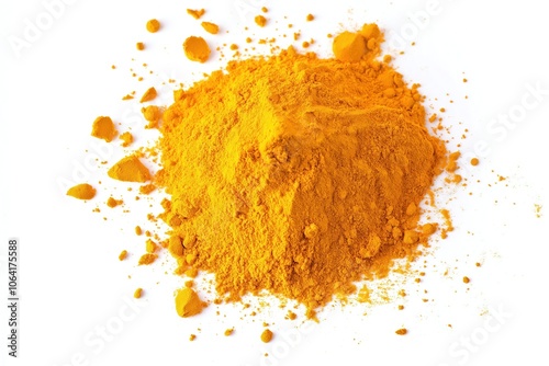 Close-up of vibrant yellow turmeric powder in loose pile. White background makes powder stand out. Central position, text objects. Yellow spice, fresh, healthy, natural, organic, aroma, aromatic,