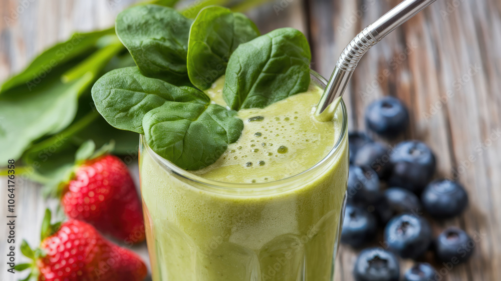 A glass of green juice with spinach and blueberries on top. The juice is poured into a glass with a metal straw. The juice is served on a wooden table with strawberries and blueberries nearby A glass of green juice with spinach and blueberries on top. The juice is poured into a glass with a metal straw. The juice is served on a wooden table with strawberries and blueberries nearby