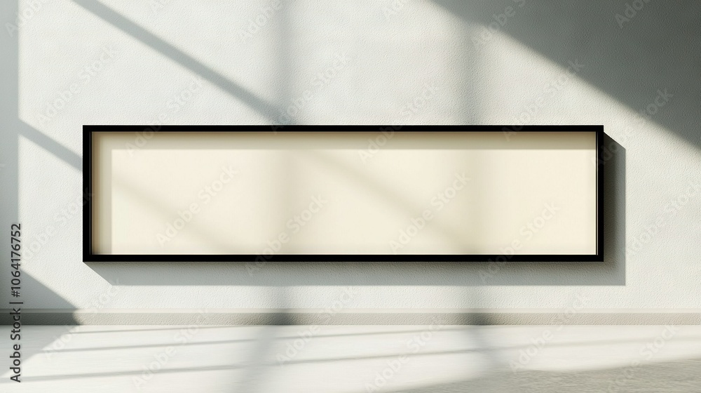 A photo frame adorns the wall, casting shadows of windows on either side A photo frame adorns the wall, casting shadows of windows on either side