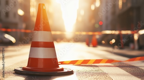 Fototapeta Naklejka Na Ścianę i Meble -  Cordon off engineering site with red and white tape blurry background traffic cone and space for tex