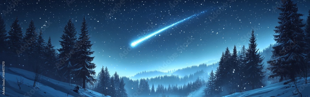 Fototapeta premium Christmas star lighting up the night sky in snowy forest