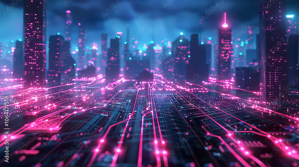 Futuristic urban skyline with glowing internet wires. concept of digital connectivity, cyber technology, and network infrastructure Futuristic urban skyline with glowing internet wires. concept of digital connectivity, cyber technology, and network infrastructure
