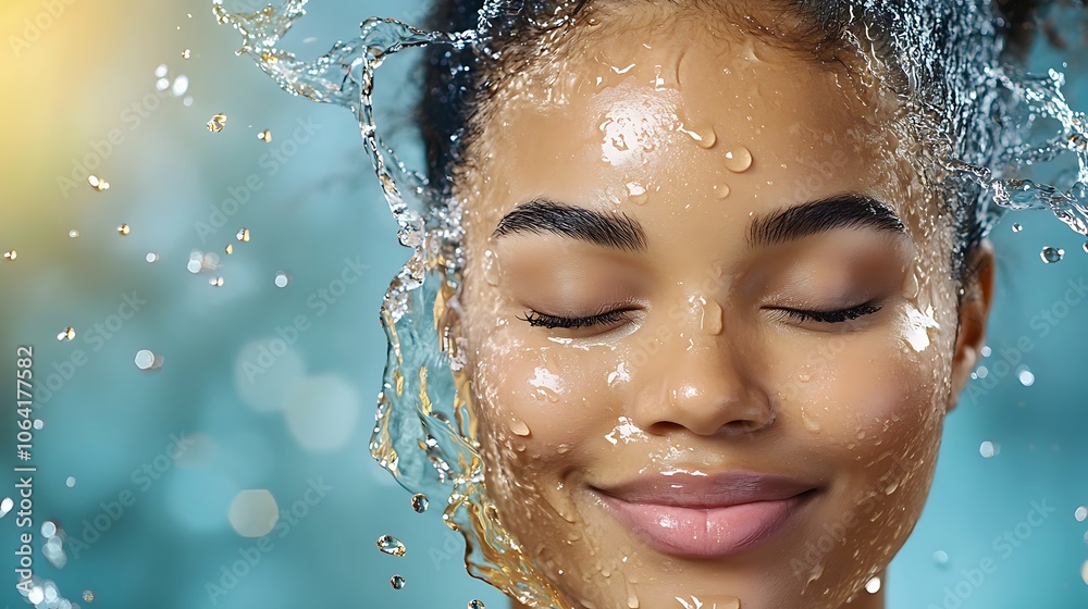 Beautiful black woman seen in a tranquil moment of skincare self care, water droplets glistening on her skin as she enjoys the refreshing sensation, radiating health and happiness. Beautiful black woman seen in a tranquil moment of skincare self care, water droplets glistening on her skin as she enjoys the refreshing sensation, radiating health and happiness.