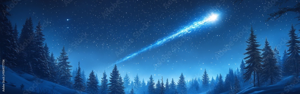 Christmas star lighting up the night sky in snowy forest Christmas star lighting up the night sky in snowy forest