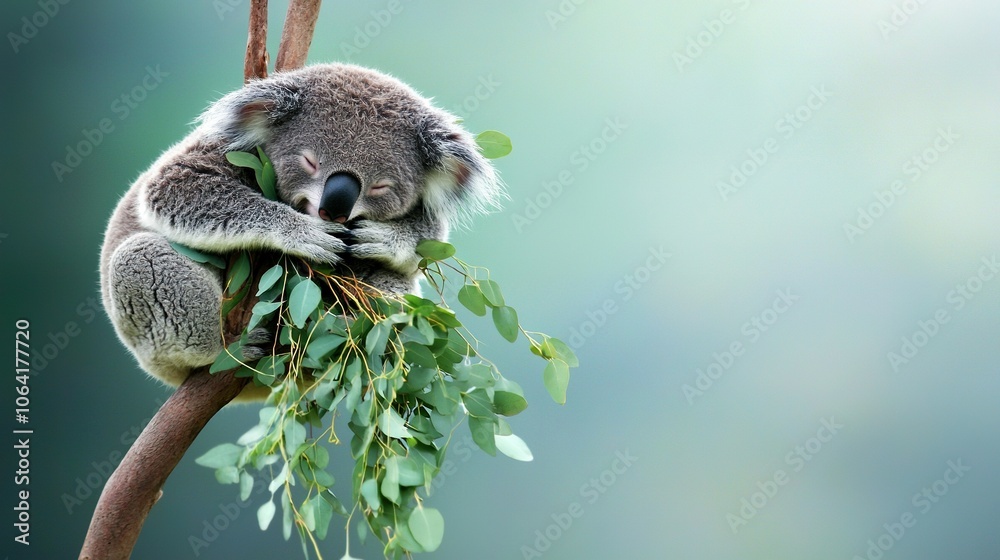 Obraz premium Koala on top of tree branch with twig in mouth