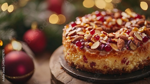 Close-up Three Kings cake, sugared jewels, toasted almonds, festive holiday backdrop, crumb texture visible