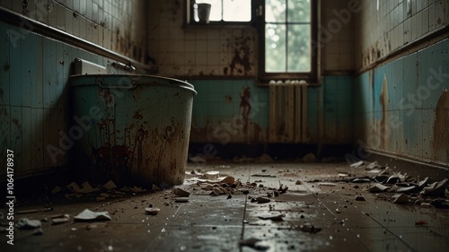 Wallpaper Mural a decaying bathroom in an abandoned building. The once-elegant room is now in a state of disrepair, with peeling paint, cracked tiles, and broken fixtures. Torontodigital.ca