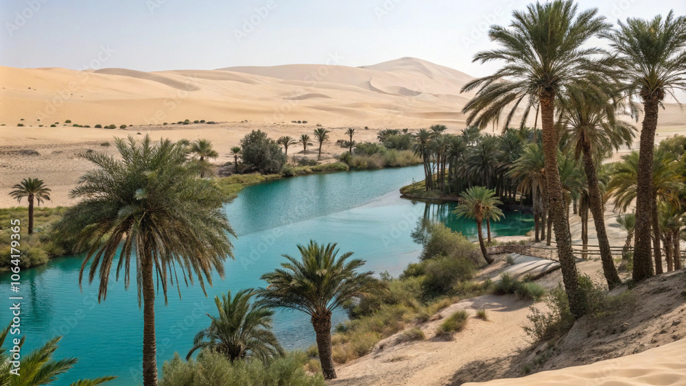 Hidden oasis with clear blue water and palm trees surrounded by desert dunes Hidden oasis with clear blue water and palm trees surrounded by desert dunes