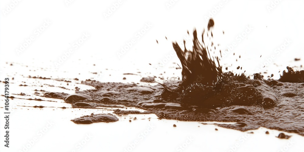 Dark brown liquid splashes out of container creating dynamic energetic scene. Splatter in center frame with lid to left. Light gray background contrasts with dark brown liquid. Dark brown liquid splashes out of container creating dynamic energetic scene. Splatter in center frame with lid to left. Light gray background contrasts with dark brown liquid.