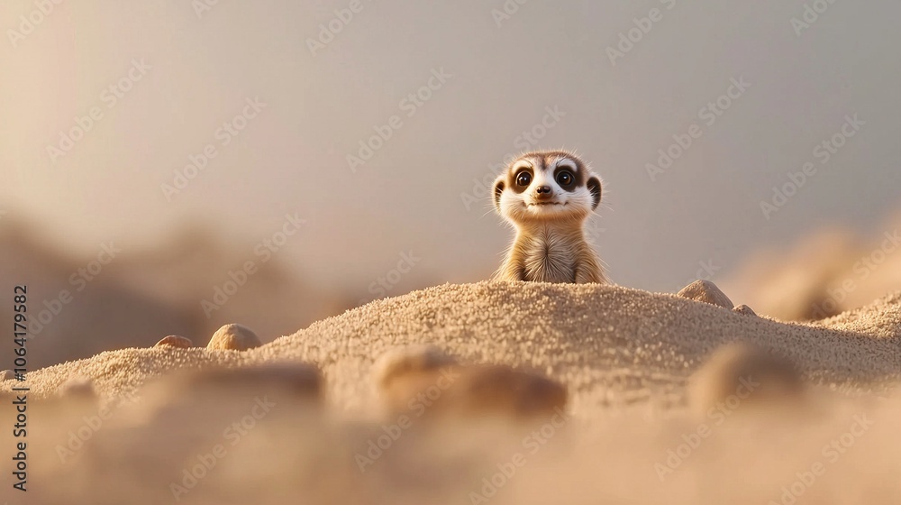 A meerkat sits atop a sand mound amidst a sea of sand A meerkat sits atop a sand mound amidst a sea of sand