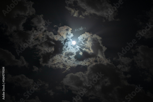 Photography An image of the moon in a cloudy sky with scattered clouds that shows the moonli
