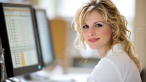 A close up shot of a confident female Caucasian doctor sitting at her desk, reviewing patient charts and medical records on a computer screen.