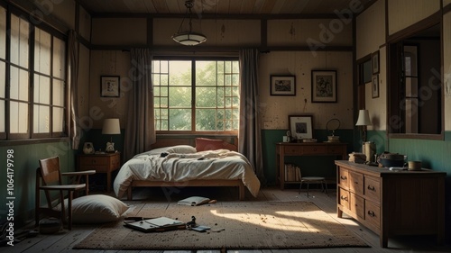 a chaotic and abandoned bedroom. The bed, with its rumpled sheets and scattered pillows, suggests a hasty departure or a life abruptly interrupted.