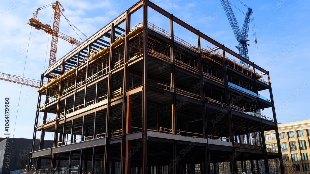 A large building under construction with a crane in the background A large building under construction with a crane in the background