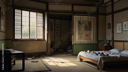 Traditional Japanese room, Tatami mats are strewn with discarded items, and sliding doors and paper windows are partially open, revealing glimpses of the outside world.