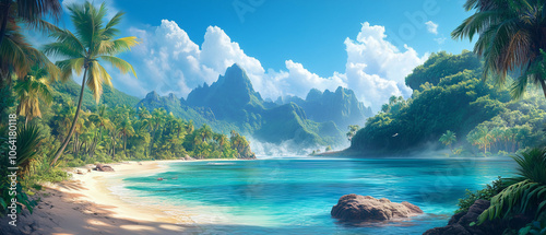 Illustration vectorielle de paysage polynésien tropical avec montagnes et palmiers