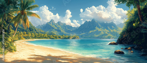 Illustration vectorielle de paysage polynésien tropical avec montagnes et palmiers