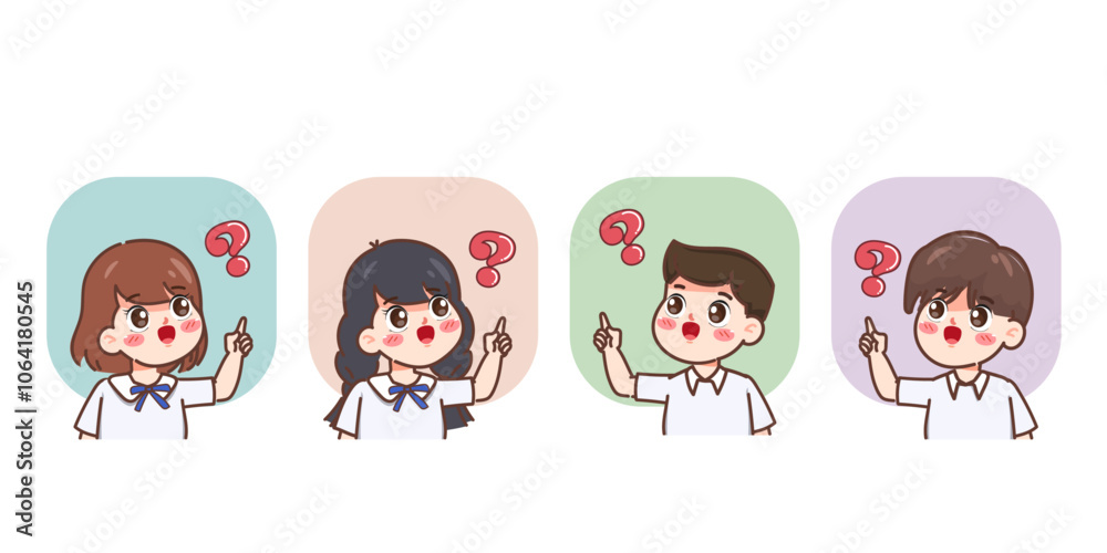 Cute cartoon kid girl and boy student ask the question character. illustration vector premium. Cute cartoon kid girl and boy student ask the question character. illustration vector premium.