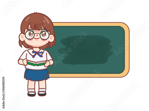 Cute cartoon girl student reading a book at the blackboard character. illustration vector premium.