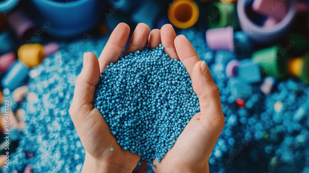 A hand is holding a handful of blue beads. The beads are in a variety of colors A hand is holding a handful of blue beads. The beads are in a variety of colors