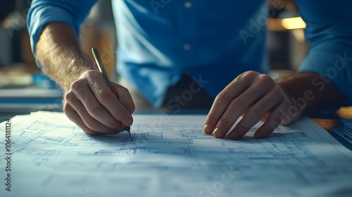 Engineer with measuring tools inspecting blueprints for a new commercial building, ensuring accurate structural specs and safety code adherence, close-up shot