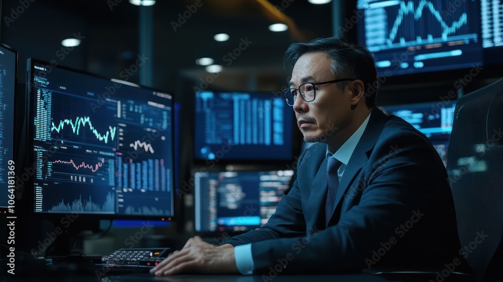 Stock market trader analyzing live data and trends with multiple screens in a high-tech environment Stock market trader analyzing live data and trends with multiple screens in a high-tech environment