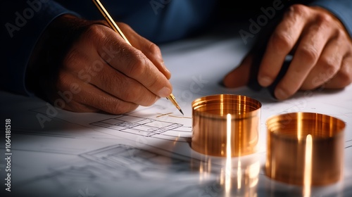 Close-up of an engineer's hands analyzing foundation plans for a housing project, cross-referencing material specifications and ensuring compliance with standards photo