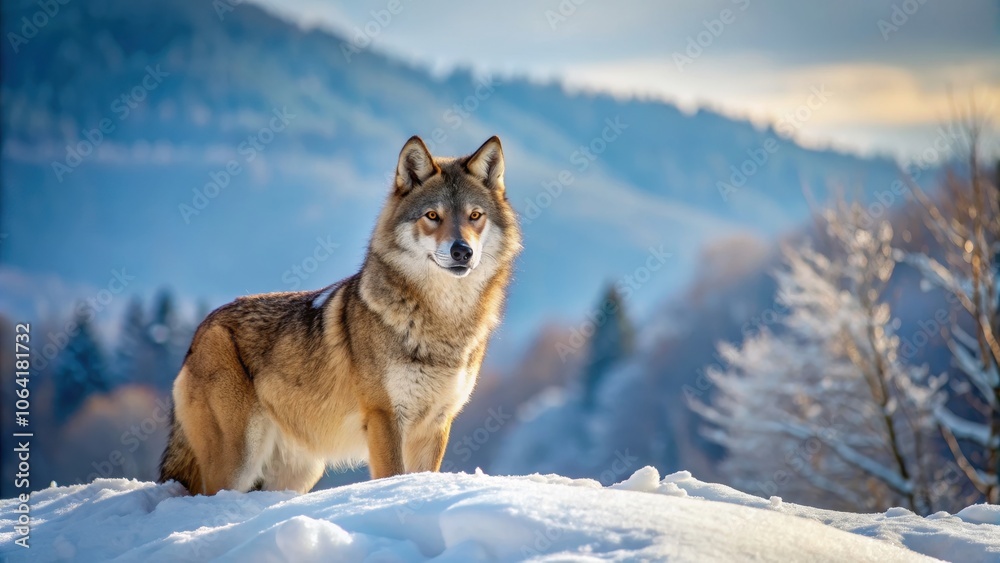 Fototapeta premium Grey wolf in snowy winter scenery of Bieszczady Mountains, The Carpathians, Poland, Grey wolf, winter