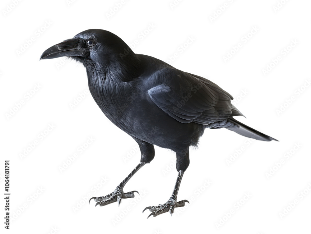 Black crow stands on gray surface with wings slightly spread. Crow head turned to left, beak pointed downwards. Feet, tail feathers visible, curled at end. Crow plumage, beak, feet, tail feathers in