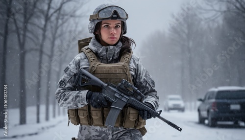 A beautiful brunette soldier girl, wearing winter camo military gear, camo plate carrier rig, combat gloves, AR-15, during a snow storm