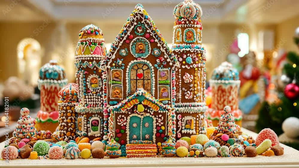 A gingerbread house, intricately decorated with candy and frosting, stands in a festive setting