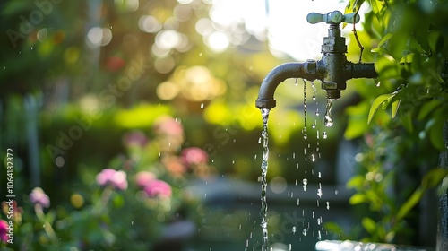 Exterior dripping water faucet or tap in yard. 